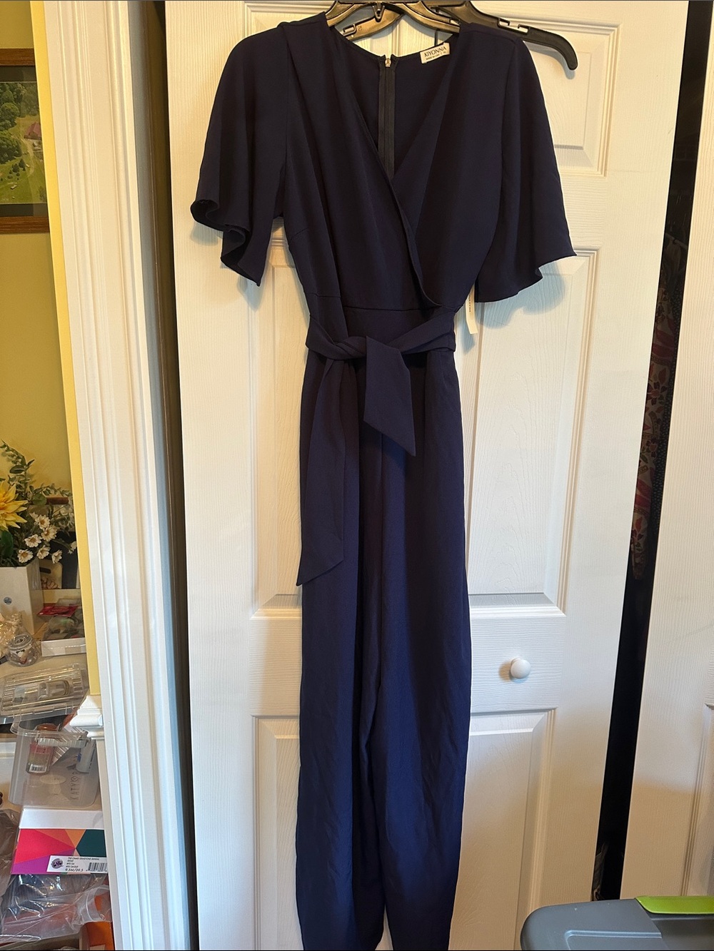 Kiyonna Navy Wrap-Front Jumpsuit with Self-Tie Waist